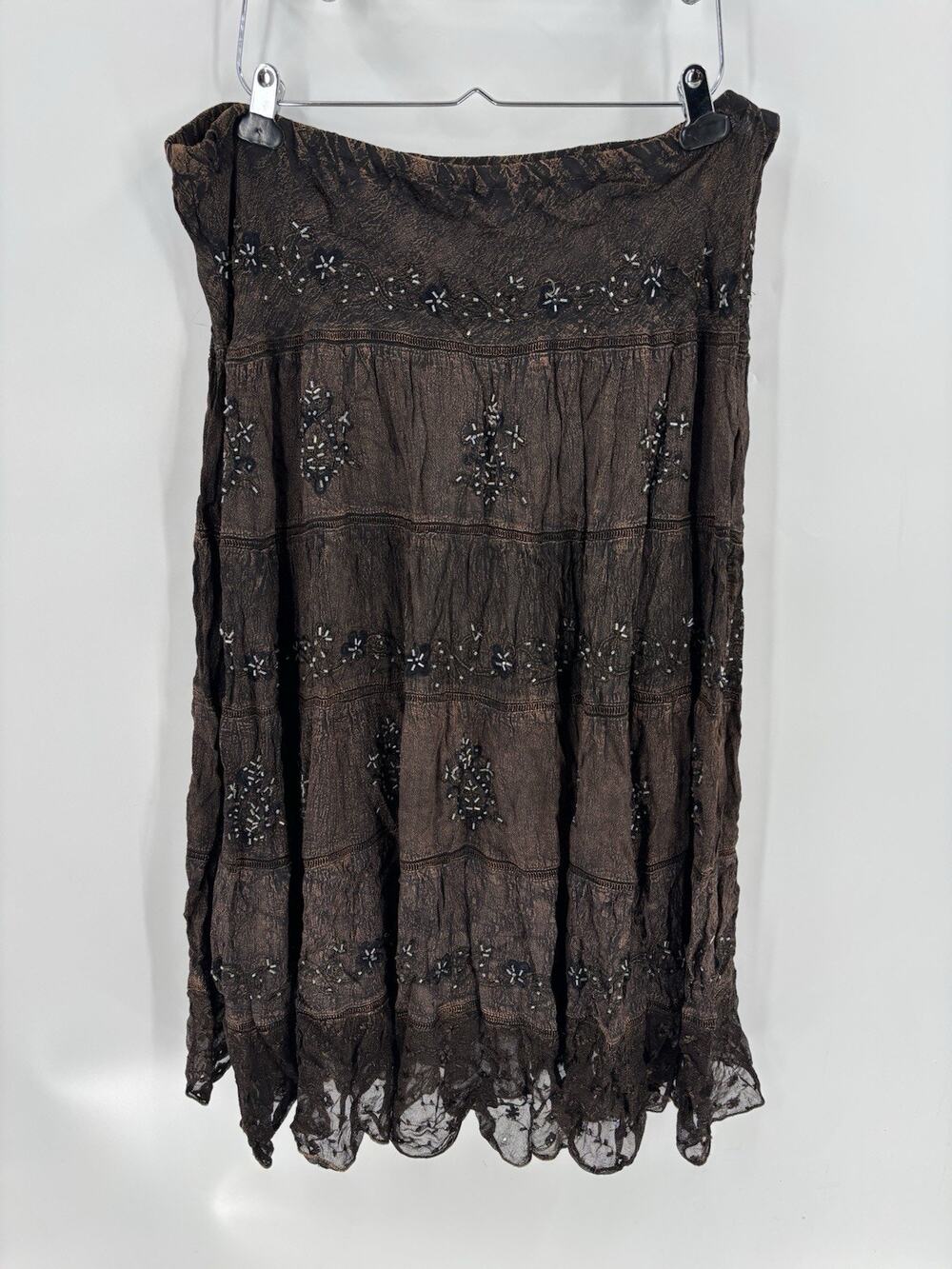 Magic M Brown Beaded Tiered Maxi Skirt Y2K Boho Whimsigoth Fairy Grunge Lace Hem